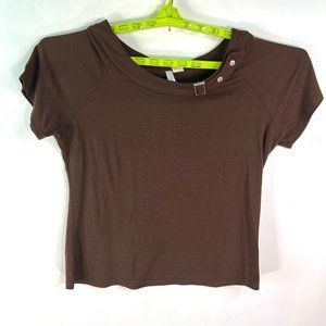 Vintage Fresh Start Womens Brown Short Sleeves Studded Blouse Top Size XL
